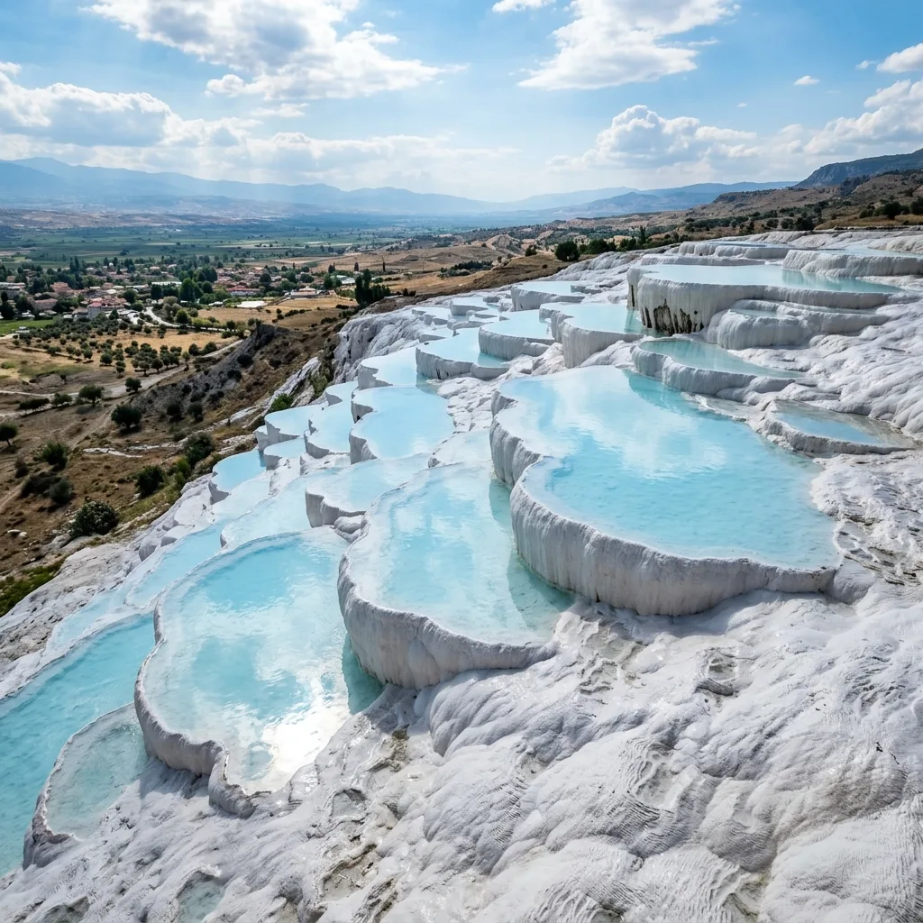 Pamukkale white travertine terraces cascading down