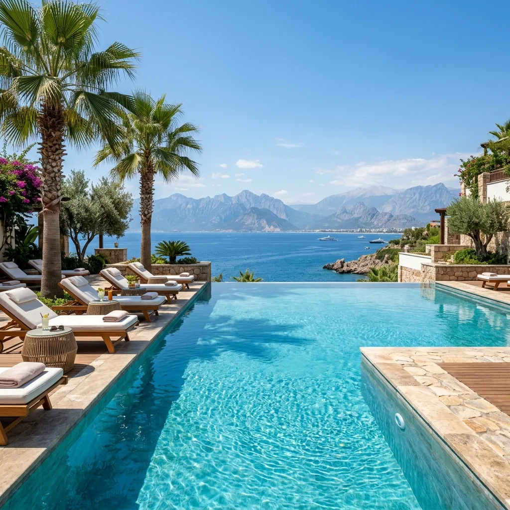 Antalya luxury resort pool overlooking Mediterranean sea
