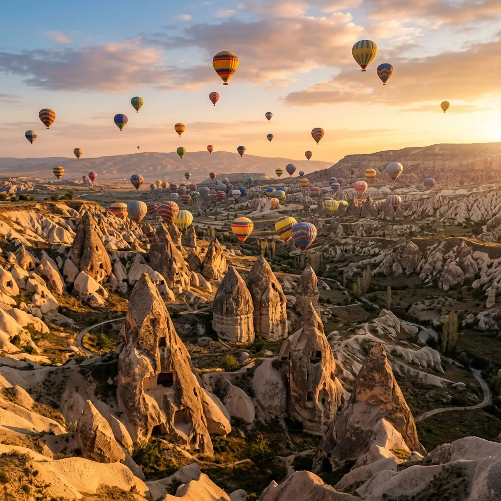 Cappadocia fairy chimneys with hot air balloons at sunrise