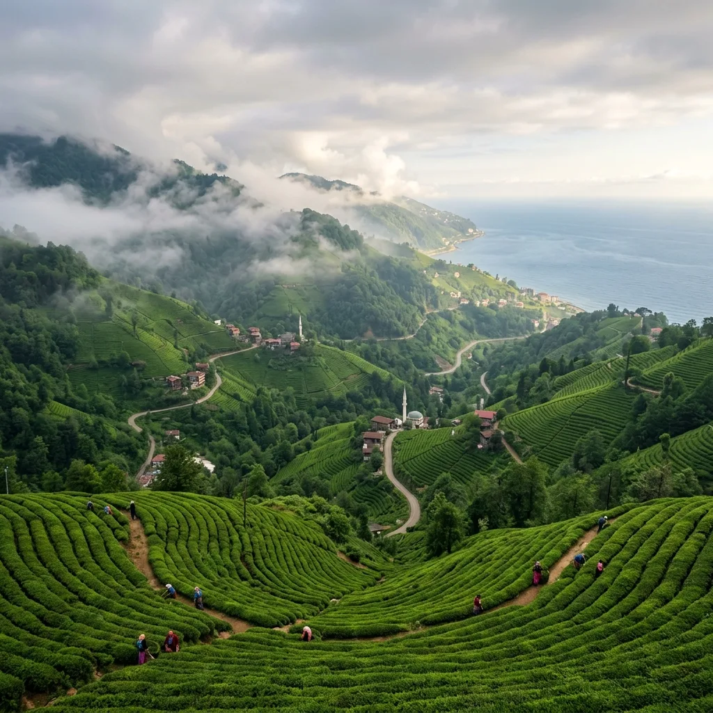 Rize tea plantations cascading down to the Black Sea
